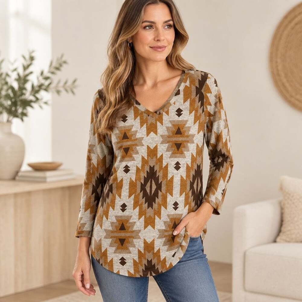 Moa Moa Aztec V-Neck Top Size S Brown Southwestern 3/4 Sleeve